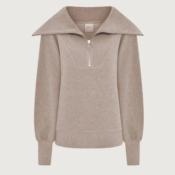Varley Vine Half Zip Pullover Taupe Marl Ottoman Rib Oversized Small - Picture 1 of 6